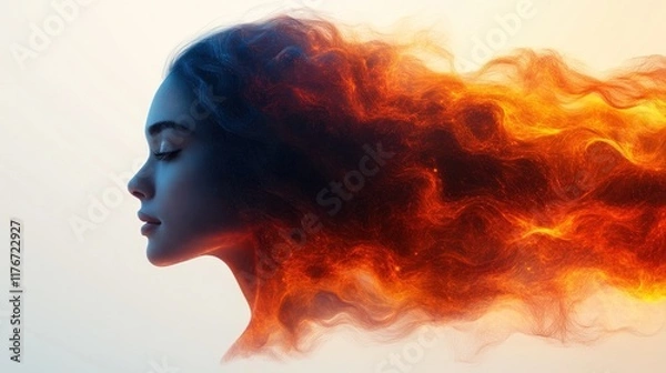 Obraz A profile of a woman with fiery, flowing hair, blending beauty and elemental themes.