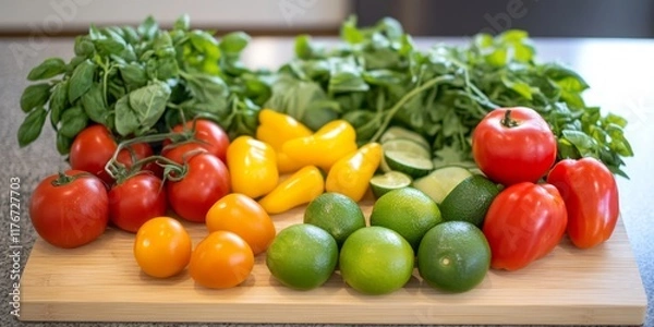 Fototapeta Fresh and colorful variety of vegetables arranged beautifully on a wooden cutting board. Ideal for healthy cooking and meal preparations. Capture the essence of vibrant, organic produce. AI