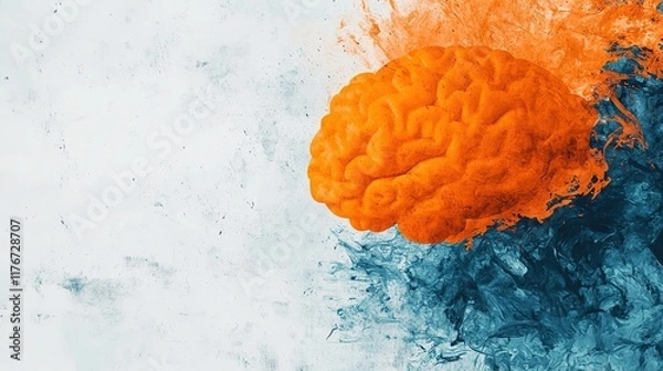 Fototapeta A vibrant orange brain emerges from a textured backdrop, symbolizing creativity and intellect against a contrasting blue and white environment.