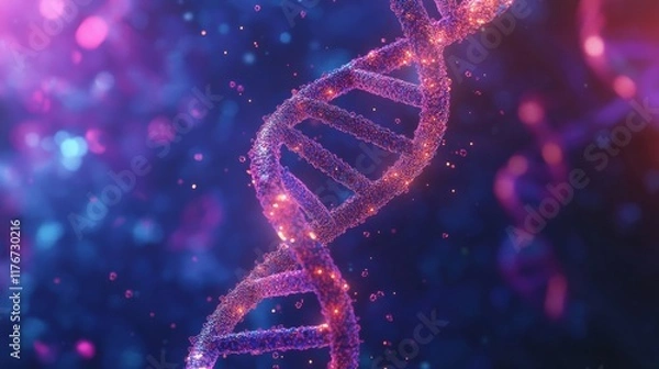 Fototapeta DNA double helix wrapped in glowing particles on a deep blue and purple gradient