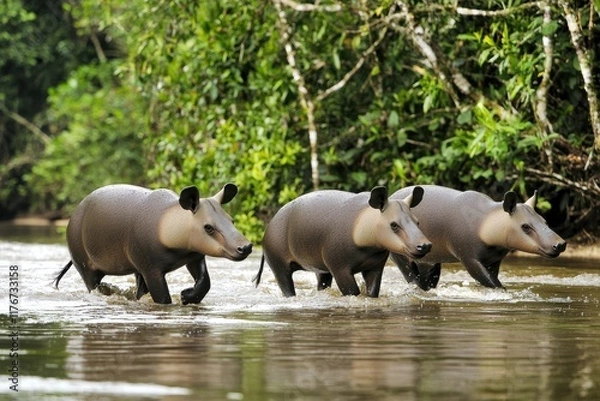 Fototapeta A group of South American tapirs wading through a shallow river in the Amazon basin.