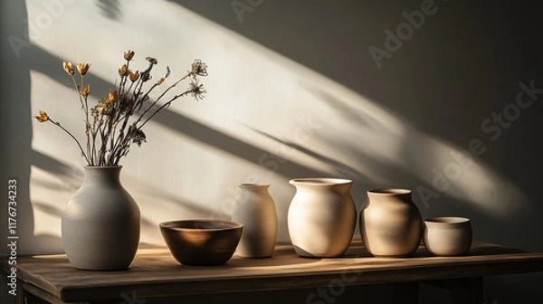 Fototapeta Handcrafted Ceramic Pots in a Studio Setup with Soft Lighting