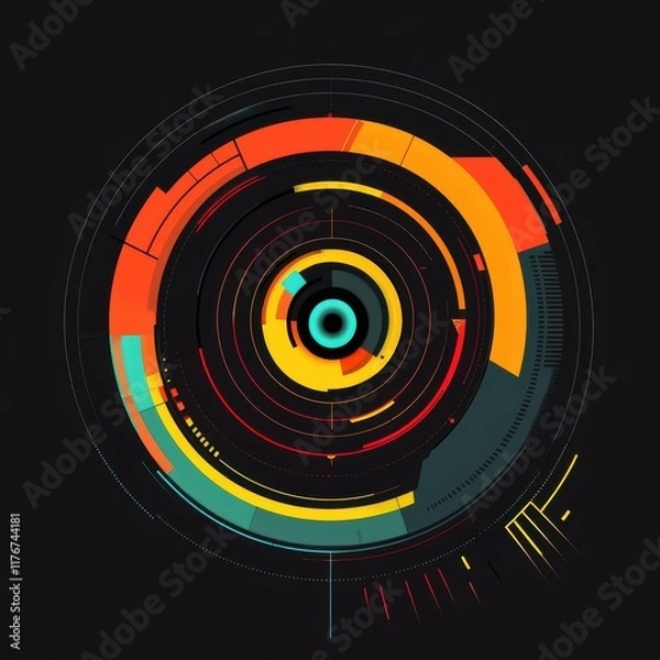 Fototapeta Colorful circular abstract design featuring vibrant hues of red, yellow, and turquoise on a black background.