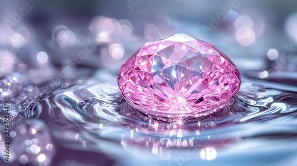 Fototapeta Pink gemstone on water surface, shimmering light reflections.