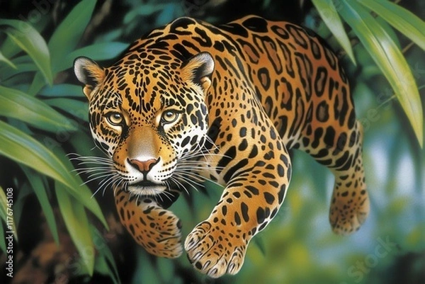 Fototapeta A majestic jaguar emerging from dense Amazonian foliage, its rosette-patterned coat glistening in the sunlight