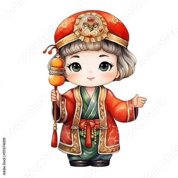 Fototapeta A cute, cartoon-style character in traditional attire, holding a festive lantern, exuding charm and cultural significance.
