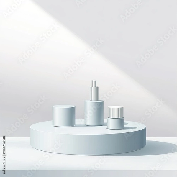 Fototapeta Minimalist arrangement of skincare products on a sleek circular display in soft gray tones.