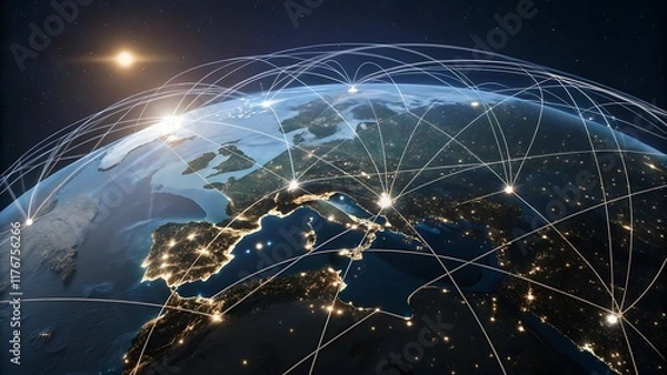 Fototapeta A global map showing the world at night, with bright city lights visible across the continents. The map is surrounded by a network of glowing lines, representing global connectivity and communication