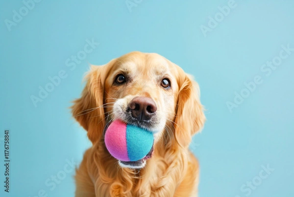 Fototapeta Happy dog with an orange ball in mouth, staring at the camera with a playful and curious look.