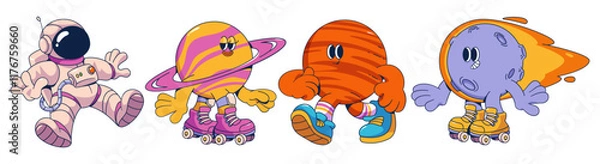 Obraz Groovy astronaut and planets isolated on white background. Contemporary vector cartoon illustration of man floating in spacesuit and helmet, cute moon, mars and saturn globes smiling, rollerblading