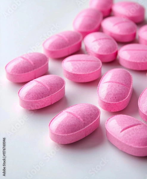 Fototapeta Close up top view of oval shaped bright pink pills on a white background. with copy space image