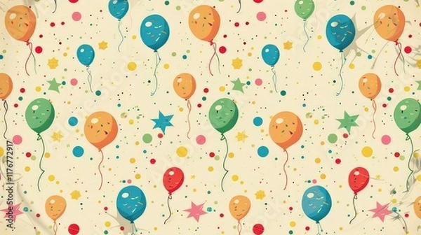 Fototapeta Seamless pattern with balloons, stars and confetti. illustration