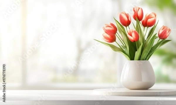 Fototapeta vase with bouquet of red tulips on coffee table, on blurred background of scandinavian cozy bright living room. Elegant home decor. Copy space for advertising and product demonstration.