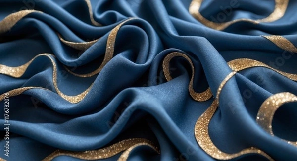 Fototapeta Richly Textured Fabric Waves in Midnight Blue and Glittering Gold Accents