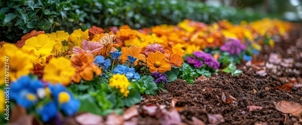 Fototapeta Vibrant Spring Flowerbed A Row of Colorful Primulas and Other Blooms