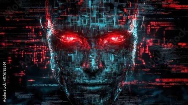Fototapeta Futuristic Cybernetic Face with Glowing Red Eyes and Digital Code Overlay – Dark AI Technology Concept