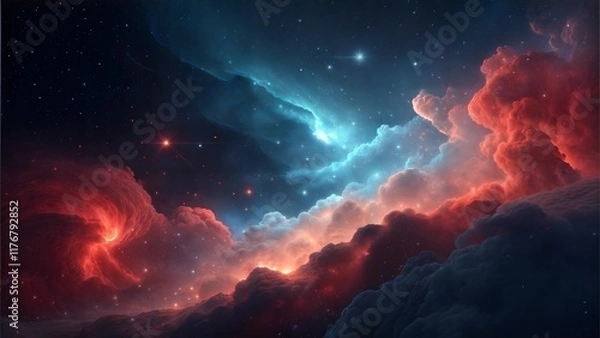 Fototapeta Abstract Smoky Battlefield Background with Red and Blue Light Effects for Military and Disaster Themes