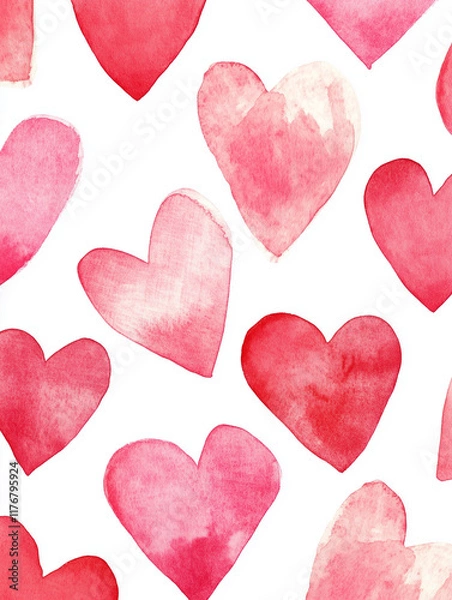 Fototapeta Watercolor illustration, pink and red hand drawn hearts. Valentine's day, wedding. Texture of paint on paper, pattern, background.