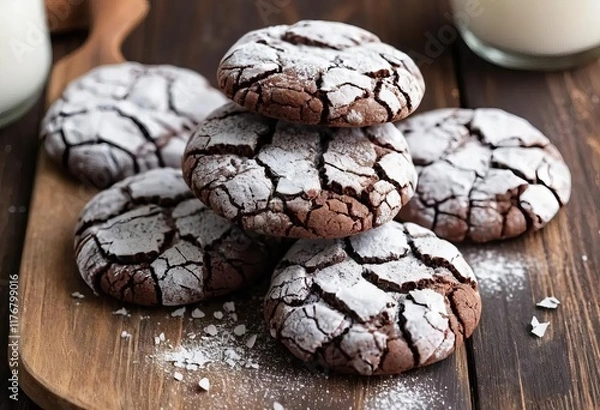 Fototapeta Close-up of chocolate crinkle cookies with powdered sugar on top, on a wooden background