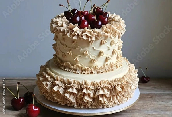 Fototapeta A birthday cake with buttercream ruffles and cherries on top, decorated in a vintage style