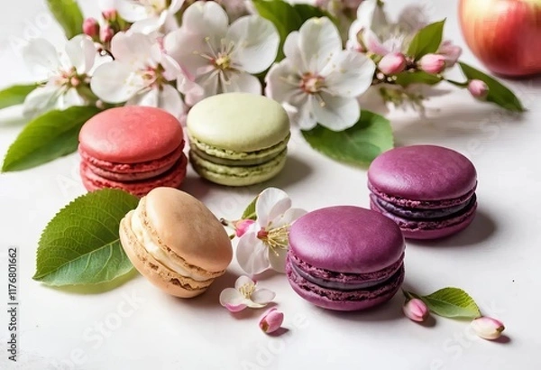 Fototapeta A colorful arrangement of macarons on a white background with apple blossoms in the background