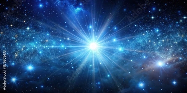 Fototapeta Cosmic background with blue luminous rays and stars in a dark space , universe, astronomy,  universe, astronomy