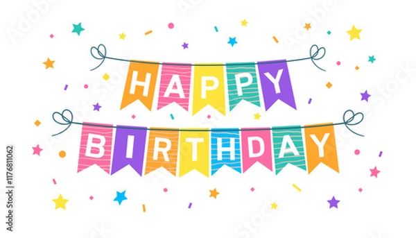 Fototapeta Colorful Happy birthday party banner. Flags isolated on white background.