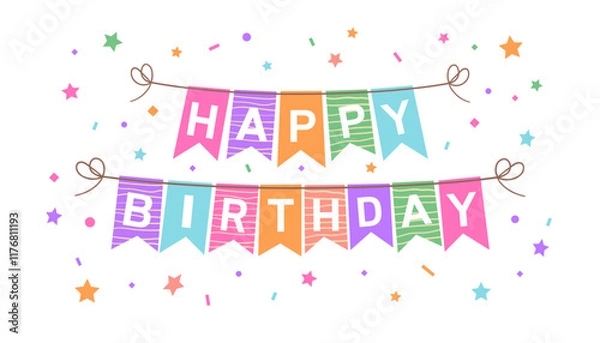 Fototapeta Colorful Happy birthday party banner. Flags isolated on white background.