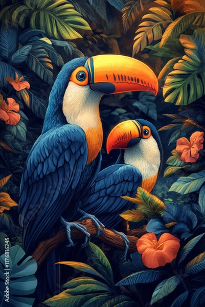 Fototapeta A vibrant and detailed illustration of a toucan perched amidst lush tropical foliage and colorful hibiscus flowers.
