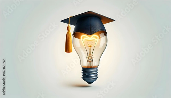 Fototapeta Education A light bulb with a graduation cap, tassel hanging on the left, tilted slightly to the right, isolat1