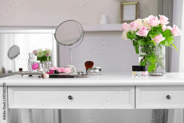 Obraz Cosmetic set on light dressing table