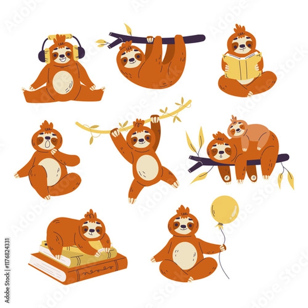 Obraz Funny Sloth Animal Character Do Different Activity Vector Set