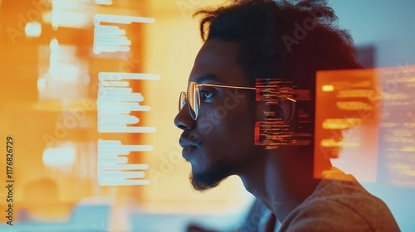 Fototapeta A futuristic concept of artificial intelligence and human connection represented by a profile of a young African man with glowing digital code overlay. innovation, AI, and human-tech collaboration