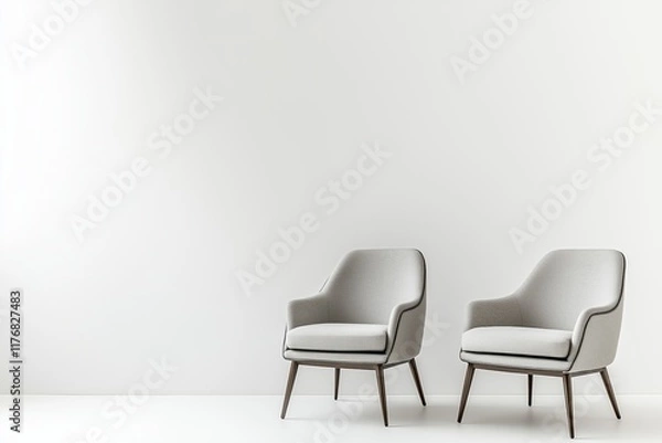 Fototapeta Two modern armchairs stand alone in a sleek, minimalist studio setting, surrounded by neutral background, ideal for adding text or graphics, evoking a professional meeting atmosphere. 