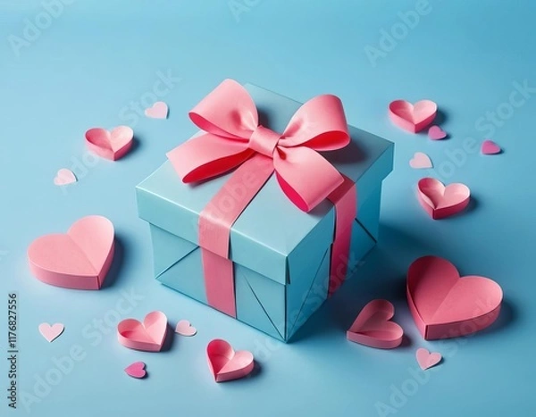 Fototapeta A gift box with a large pink bow and paper hearts on a blue background
