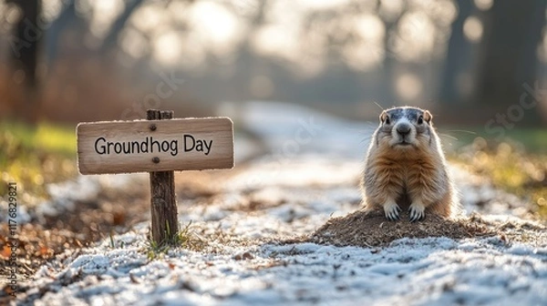 Fototapeta A groundhog emerged from a hole, there was snow in the background, and next to him there was a wooden sign that said "Groundhog Day."	