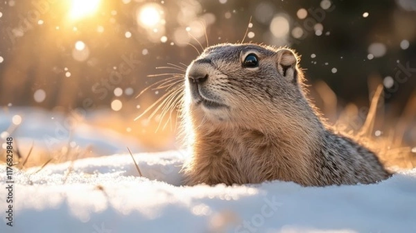 Obraz A groundhog looks out of his hole. Groundhog Day.	
