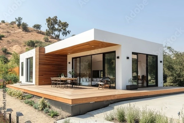 Fototapeta Modern tiny home with wooden deck, white walls, and outdoor dining area overlooking backyard, hillside view. Contemporary architecture, small cabin design.