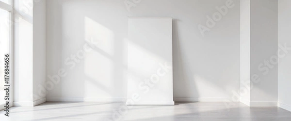 Fototapeta Empty room with a blank white banner against bright windows, Vertical Banner Mockup