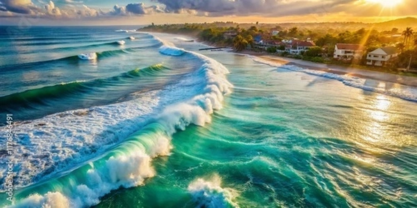 Fototapeta Aerial View of Powerful Waves Crashing on Seminyak Beach, Bali - Turquoise Ocean