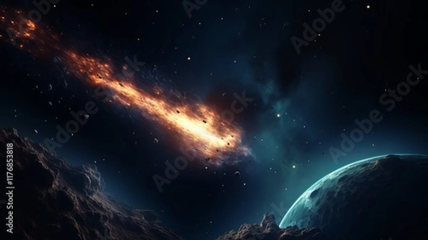 Fototapeta Stellar collision creating vibrant cosmic debris in deep space. Generative AI