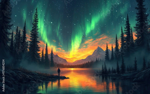 Fototapeta Above the cabin, the vibrant aurora borealis dances across the night sky, accompanied by the fiery hues of a sunset or sunrise.