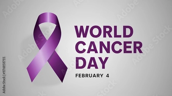 Fototapeta Banner, poster with purple ribbon and the text “FEBRUARY 4 WORLD CANCER DAY” on a light background. Symbolizes unity and support in the fight against cancer.