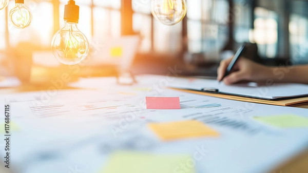 Fototapeta Creative workspace with documents, sticky notes, and warm light bulbs