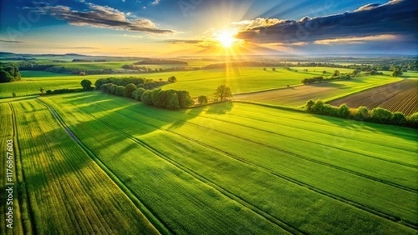 Fototapeta Aerial Drone Photography: High-Resolution Green Field Images, Stunning Drone Shots, Deep Depth of Field