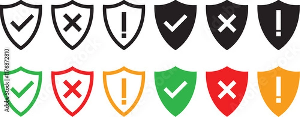 Fototapeta Shield check mark or cross mark icon set. Protect shield security symbol. Shield plus mark and Shield exclamation mark. Safety or protection sign
