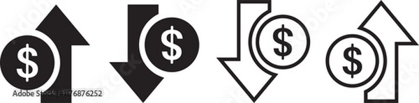Fototapeta Money increase or decrease icon set. dollar decrease increase symbol. profit and lose signs. 
