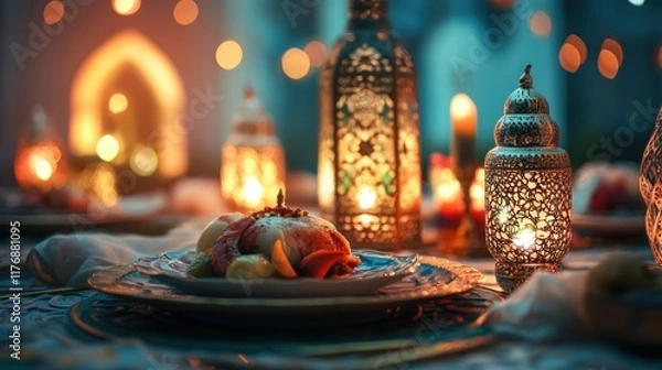Fototapeta Elegant, illuminated, Moroccan-style dinner setting with food on plate, lanterns, and candles.