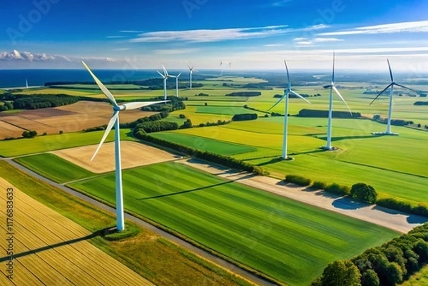 Fototapeta Drone View: Wind Turbines Generating Electricity in Skanderborg, Denmark's Fields