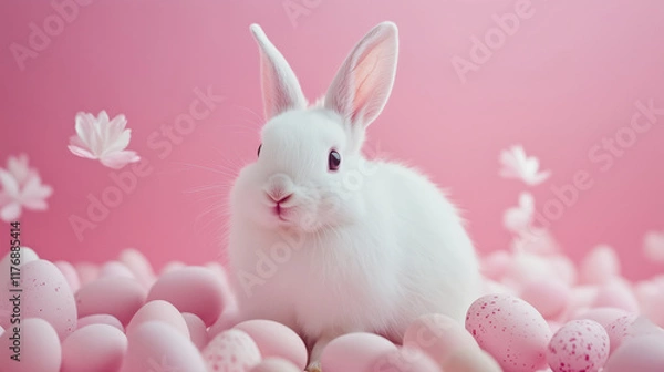 Fototapeta White fluffy rabbit bunny with pink easter eggs on pink background, Happy easter